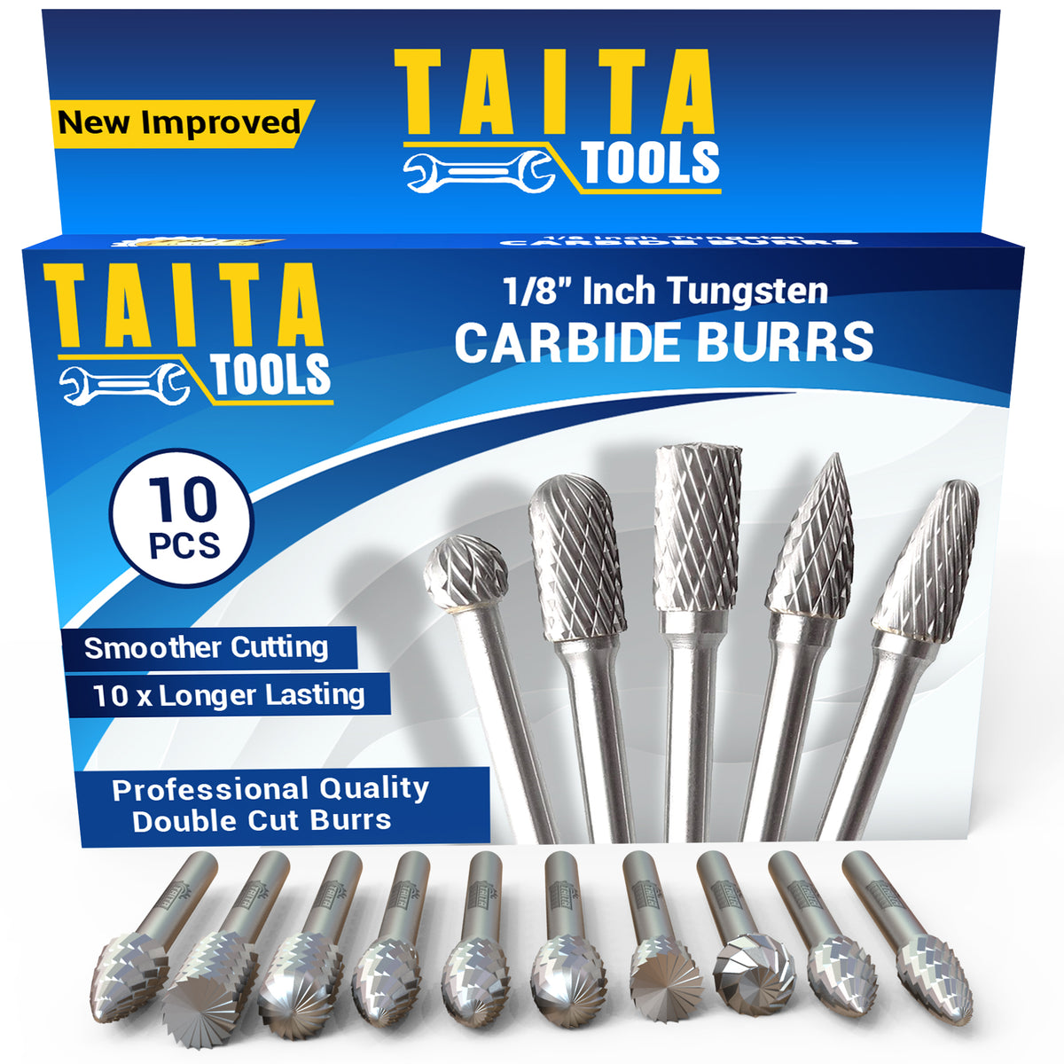 4 Pc 1/4" Shank Long Reach Rotary Burr Set - Double Cut Tungsten Carbide, 165mm Total Length