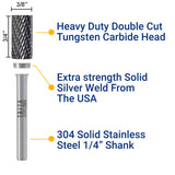 5 X SA-3 - 1/4" Shank - Double Cut Tungsten Carbide - For Wood, Hard Metal And Most Materials