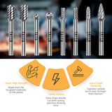 8PC Carbide Burr set 1/4" Shank, Tungsten Double Cut Rotary Die Grinder Bits - Cutting Burrs For Fordom And Die Grinder Accessories - Wood Carving Metal Working - Free Bonus Screw Extractor Set